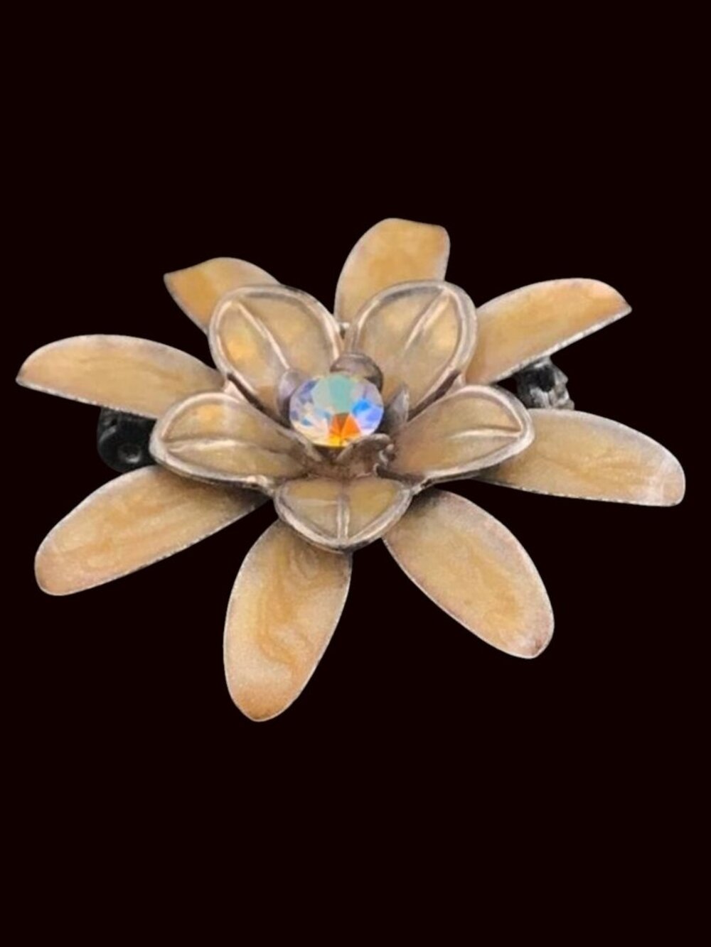Vintage Floral Brooch AB Rhinestone Layer Petals Mid-Century 1-1/2" Diameter